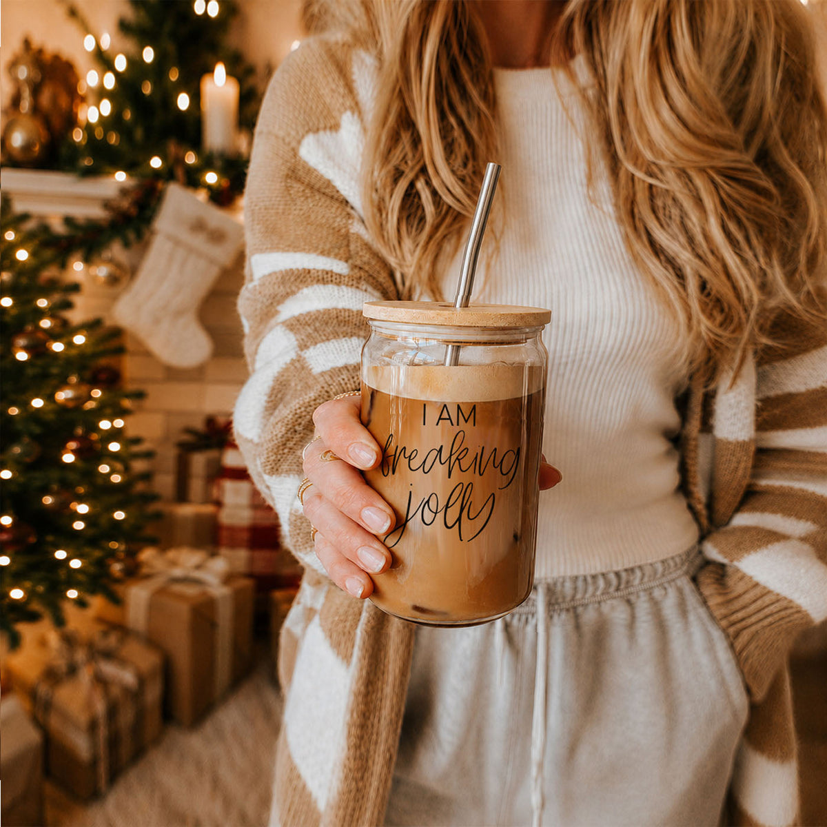 I Am Freaking Jolly Christmas Glass Tumbler 17oz With Bamboo Lid & Metal Straw – Funny Holiday Coffee Cup