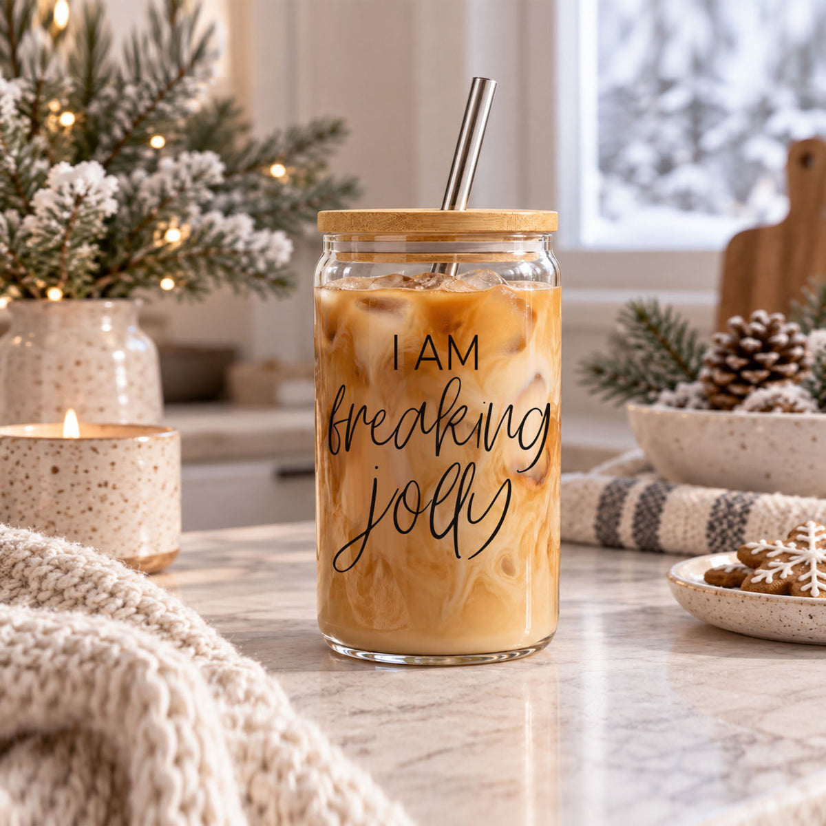 funny Christmas glass cup for iced coffee
I Am Freaking Jolly tumbler gift
funny Christmas coffee tumbler for women
Christmas glass cup with bamboo lid and metal straw