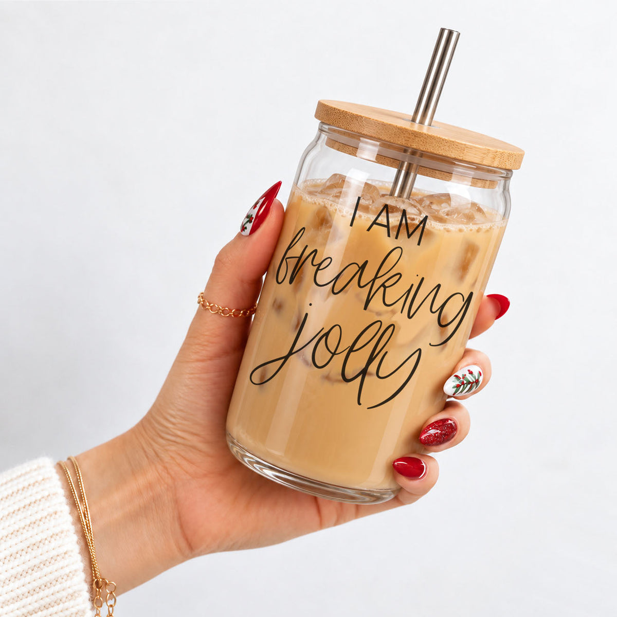 Christmas glass tumbler with bamboo lid
holiday coffee cup for iced drinks
funny jolly Christmas tumbler
cheerful Christmas glass can cup