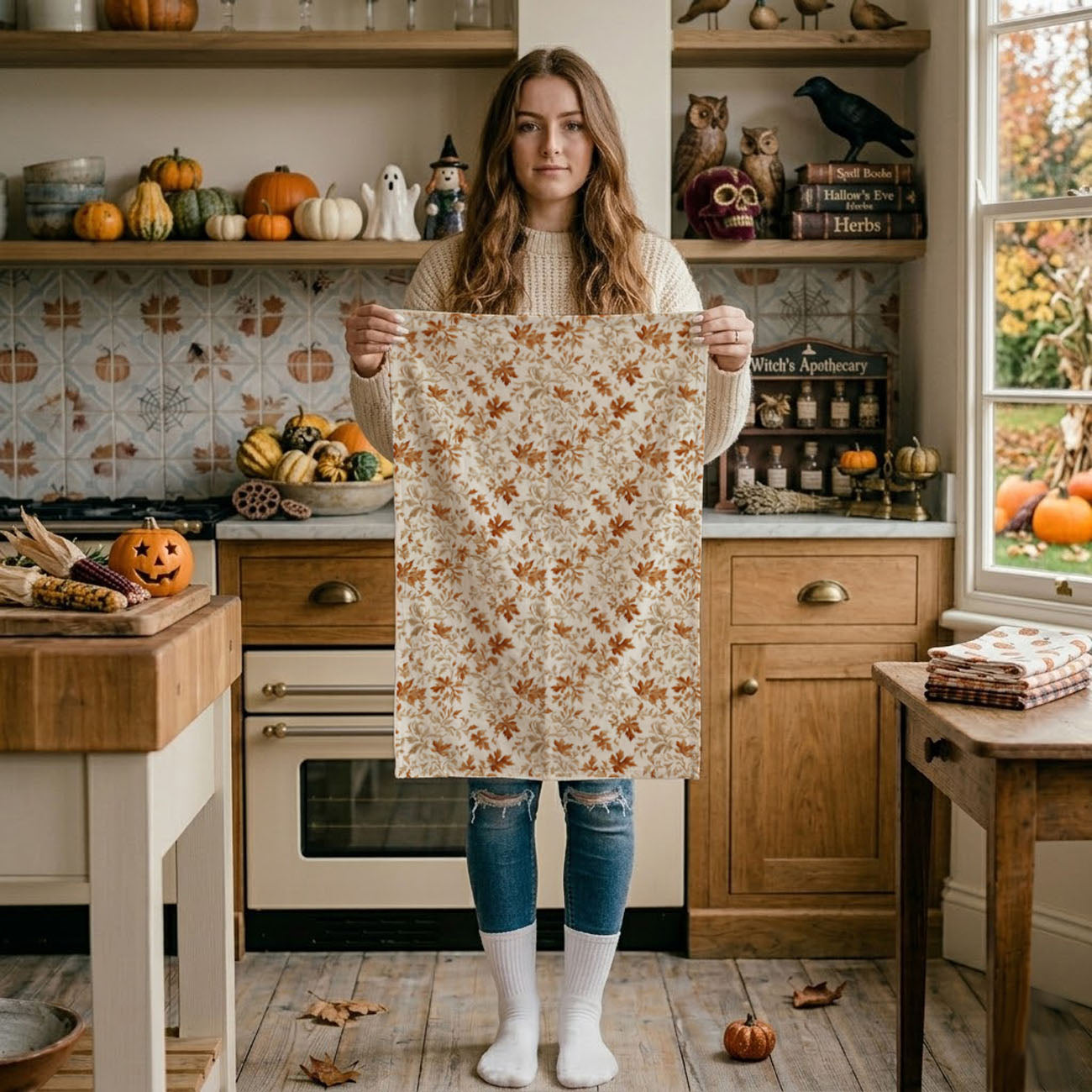 fall kitchen towel with autumn leaves pattern
autumn dish towel for farmhouse kitchen decor
thanksgiving cotton hand towel with leaf design
fall foliage kitchen decor towel on counter
rustic autumn leaf dishcloth for seasonal baking
orange and brown leaf print fall tea towel
cozy autumn kitchen textiles with leaf towel