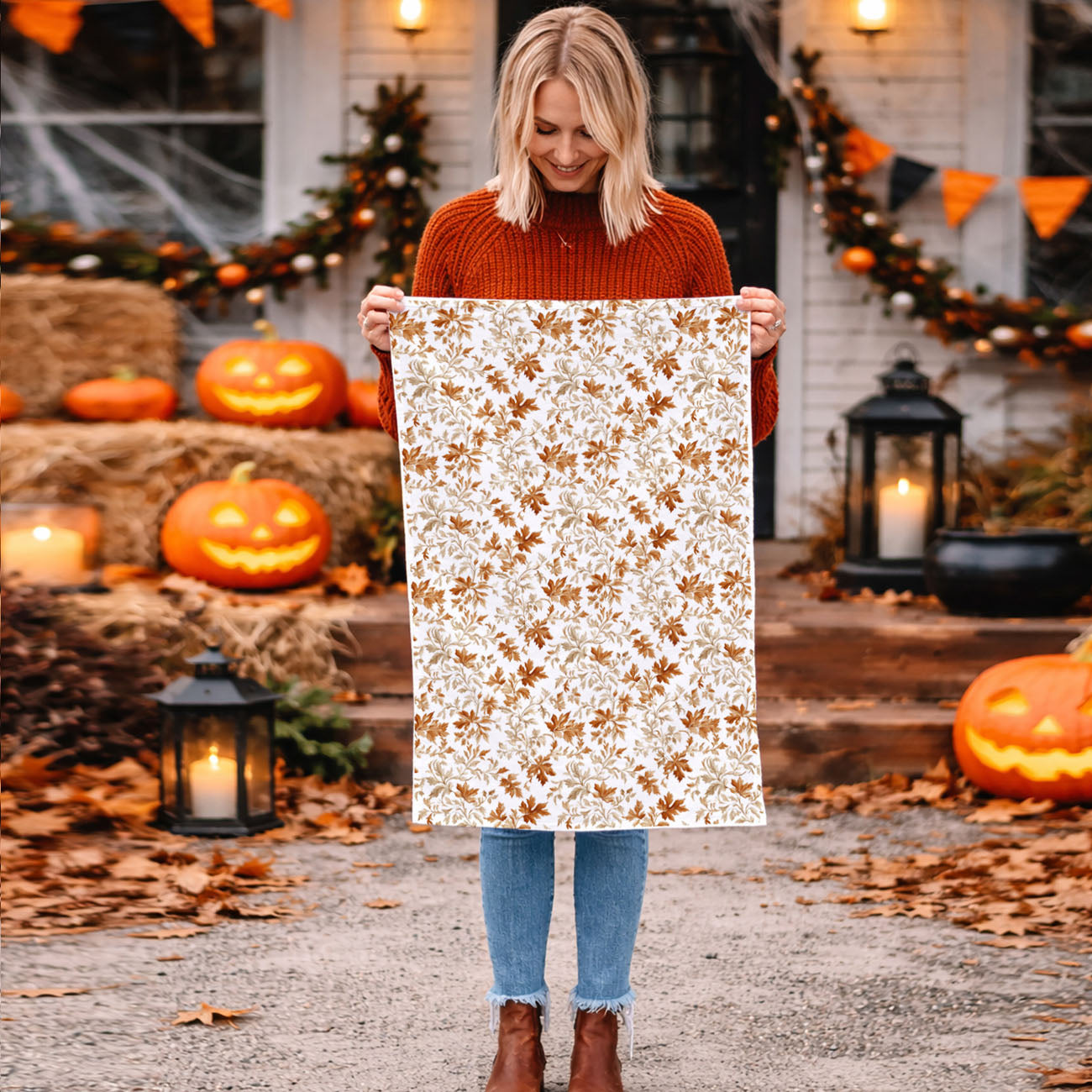 rustic fall kitchen decor towel with leaves
white cotton towel with orange and tan leaf pattern
fall themed flour sack towel for dish drying
cozy autumn kitchen towel with leafy design
thanksgiving hostess gift fall leaf tea towel
farmhouse fall dish towel on wooden countertop
fall themed gift box including autumn kitchen towel
thanksgiving hostess basket with fall leaf dish towel
autumn kitchen refresh using leaf patterned towels
fall kitchen essentials autumn leaves flour sack towel