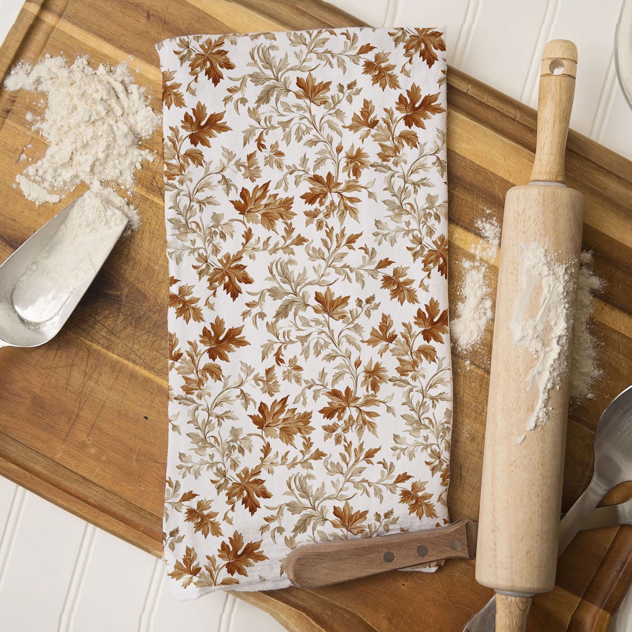 autumn leaves kitchen towel for seasonal decorating
cozy fall kitchen accent with leaf dish towel
farmhouse fall kitchen styling using autumn towel
neutral fall kitchen decor with leaf print towel
autumn leaves towel draped over oven handle
