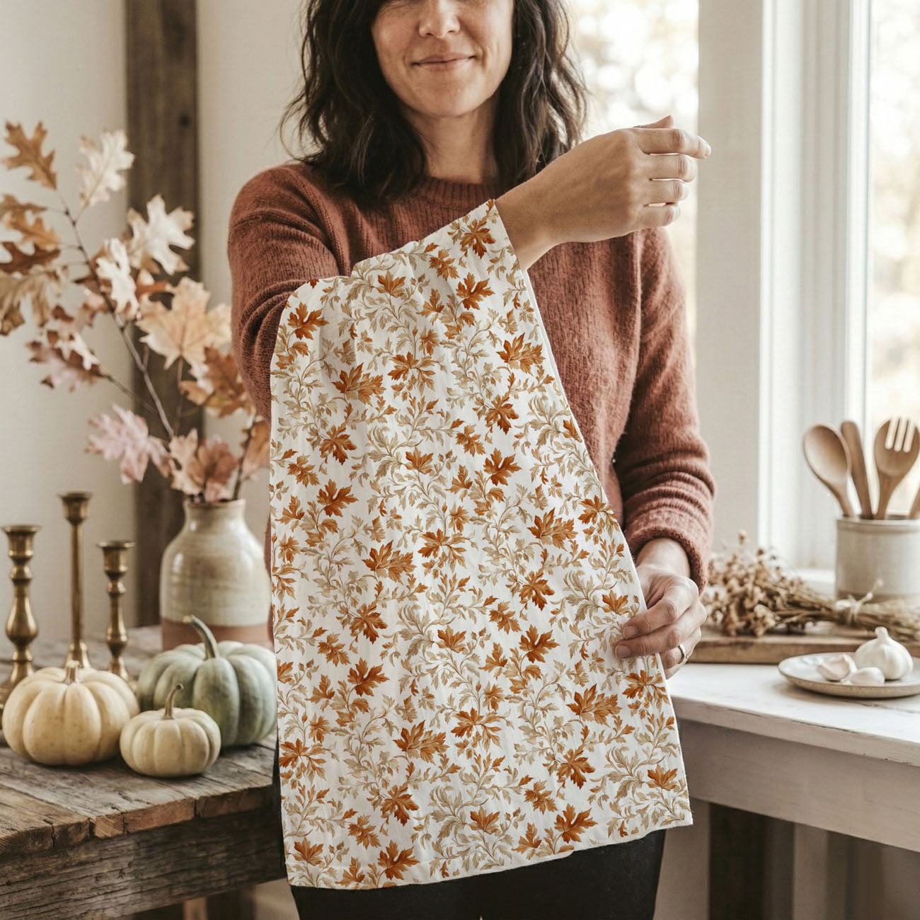 neutral fall kitchen decor with leaf print towel
autumn leaves towel draped over oven handle
fall coffee bar decor with leaf flour sack towel
pumpkin spice kitchen setup with autumn leaf towel
thanksgiving kitchen decor featuring fall leaf towel
autumn leaf towel as fall hostess gift