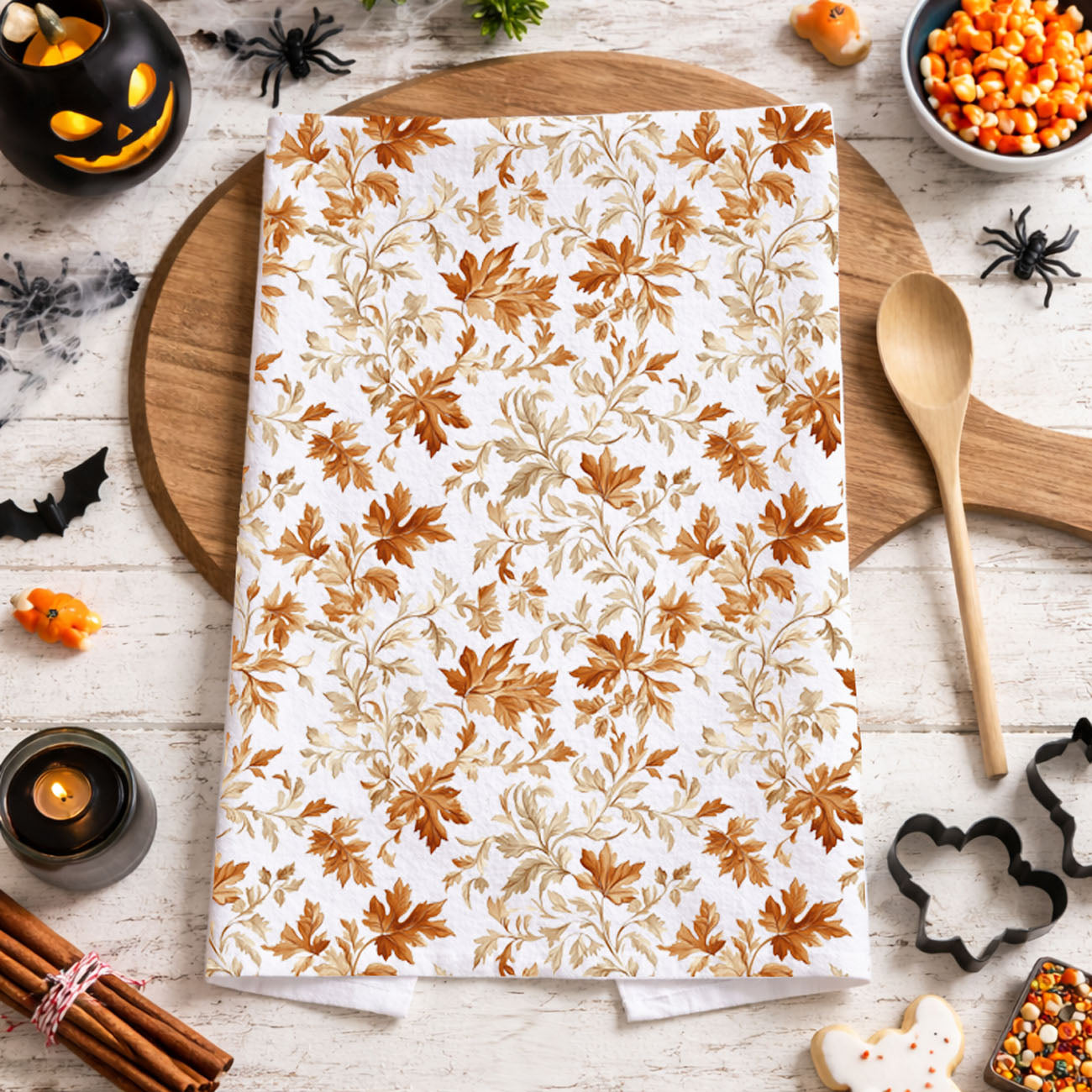 giftable fall kitchen towel wrapped with ribbon
autumn housewarming gift leaf print dish towel
fall baking gift set with autumn leaves kitchen towel
seasonal fall kitchen gift autumn leaf tea towel
rustic fall kitchen decor with foliage flour sack towel
autumn leaf flour sack towel in cozy cottage kitchen