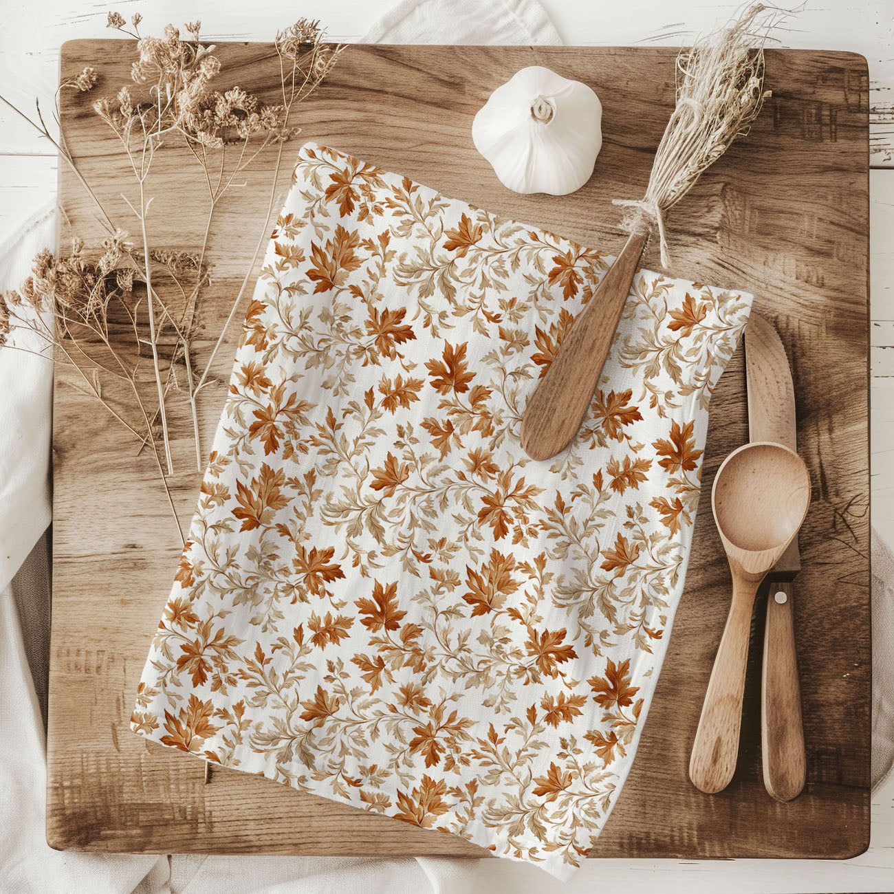 fall themed gift box including autumn kitchen towel
thanksgiving hostess basket with fall leaf dish towel
autumn kitchen refresh using leaf patterned towels
fall kitchen essentials autumn leaves flour sack towel