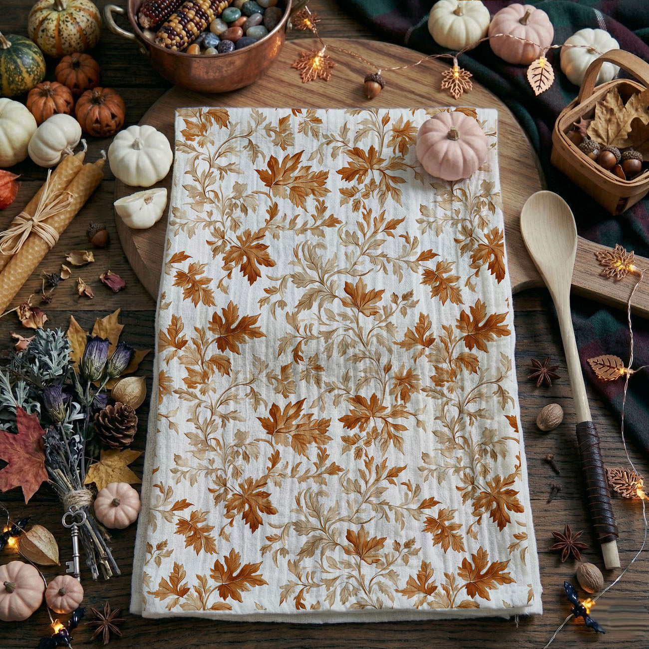 pumpkin spice season kitchen towel with leaves
fall kitchen decor idea with leaf cotton towel
autumn inspired dish towel for cozy holiday kitchen
thanksgiving baking towel with autumn leaves print
fall hostess gift leaf design kitchen towel
farmhouse fall decor with autumn leaf dish towel
