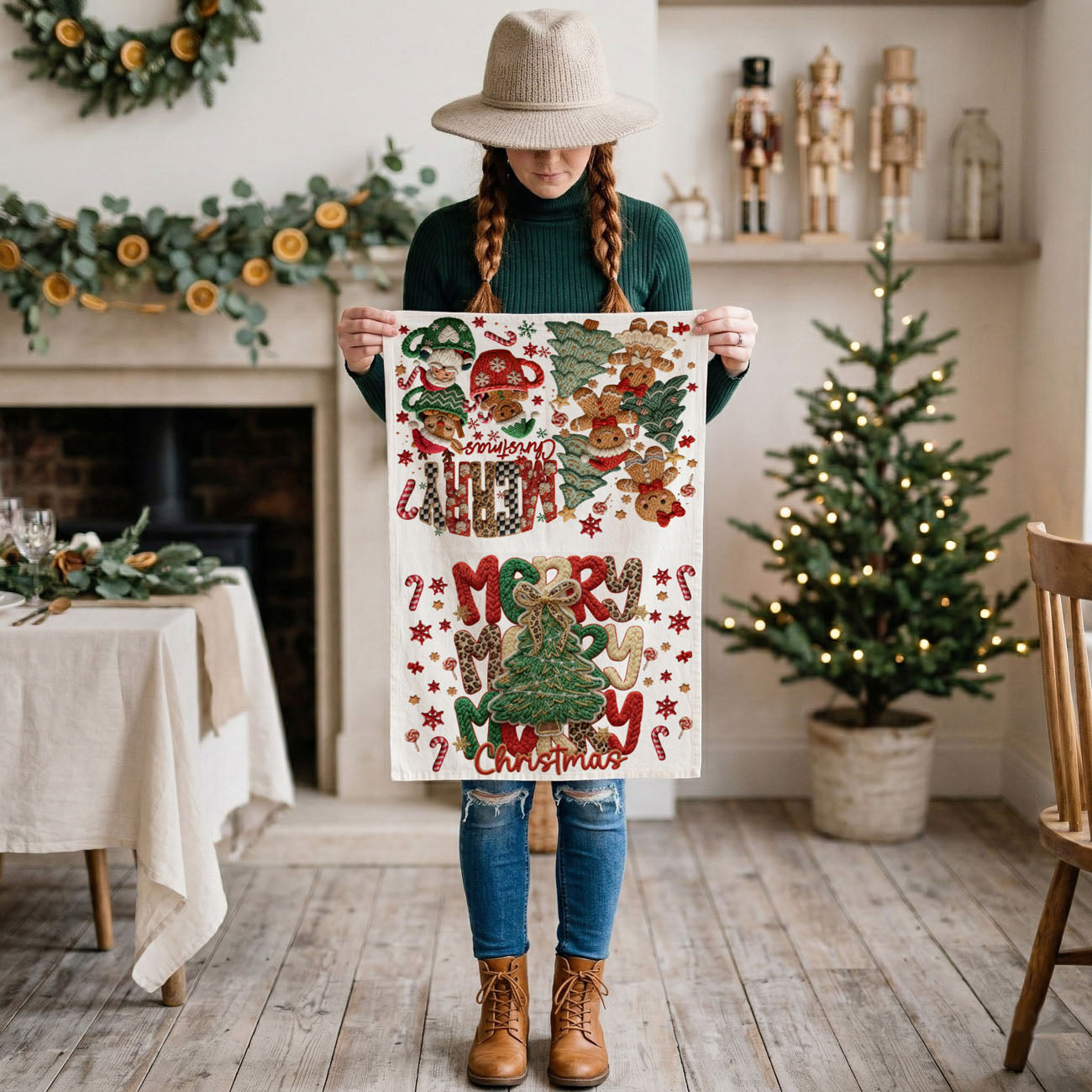 christmas kitchen towel lifestyle outdoor holiday scene
holiday towel held in front of christmas tree lights
kitchen towel styled with christmas decorations festive
christmas towel lifestyle cozy holiday home aesthetic
holiday kitchen towel styled outdoor porch christmas