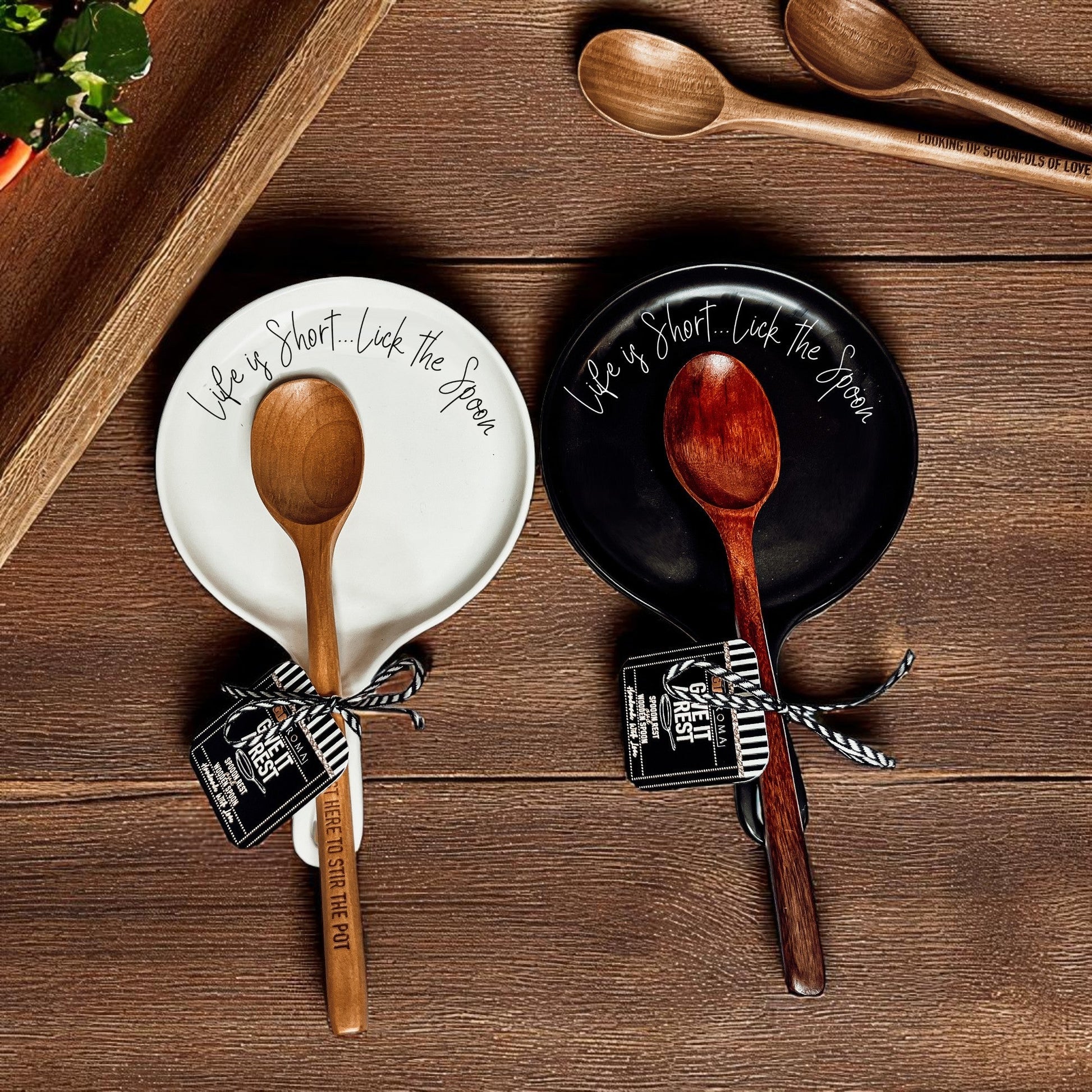 Humorous baking gift set featuring ceramic spoon rest and wooden utensil
Black and white ceramic spoon rest options with motivational baking quote