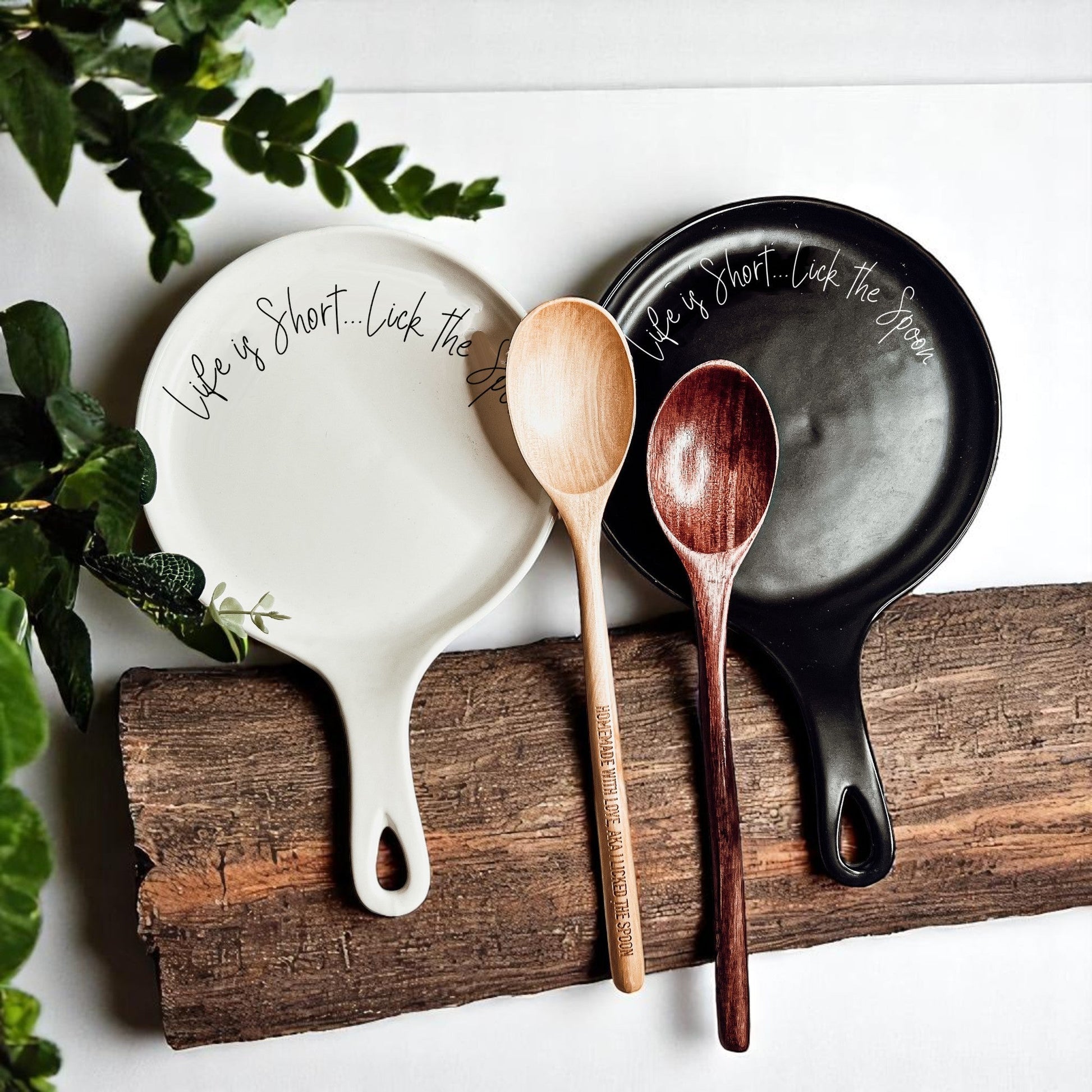 Dishwasher safe ceramic spoon rest with funny baking message
Kitchen gift set featuring spoon rest and wooden spoon with inspirational quote