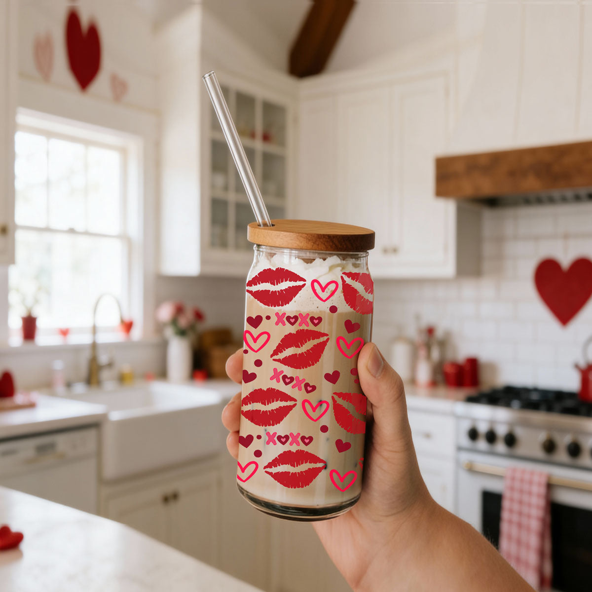 20oz glass cups with red lips and pink XOXO for a playful Valentine’s gift.
Chic 20oz glass tumblers featuring red lips, hearts, and XOXO for Valentine’s.