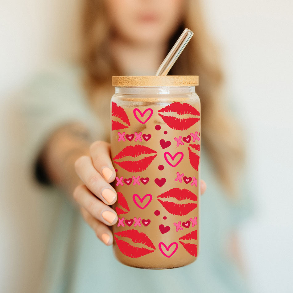 Vibrant 20oz glass tumblers with pink and red XOXO and heart designs.
Playful red lips, hearts, and XOXO 20oz glass cups for a perfect Galentine’s Day gift.
Trendy 20oz glass cups featuring red lips, hearts, and pink XOXO for a festive vibe.