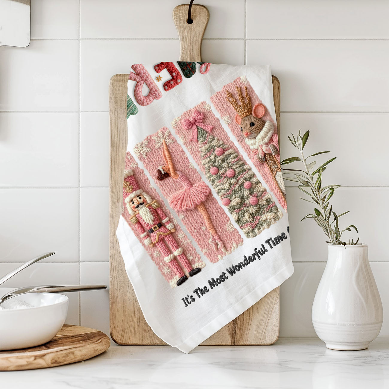 christmas kitchen towel styled with wooden utensils flat lay
holiday towel decor on cutting board rustic kitchen styling
pink christmas towel displayed in cozy farmhouse kitchen
festive kitchen towel holiday styling inspiration