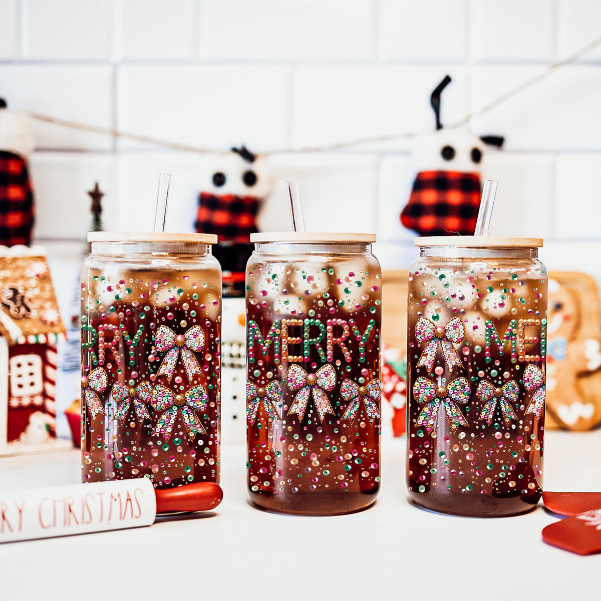 Festive holiday tumbler with bamboo lid - Merry glass cup with coquette bows
Glitter and sequin Christmas tumbler - 17oz glass cup with bamboo lid and straw
Colorful Christmas glass cup - Merry tumbler with glitter bow design