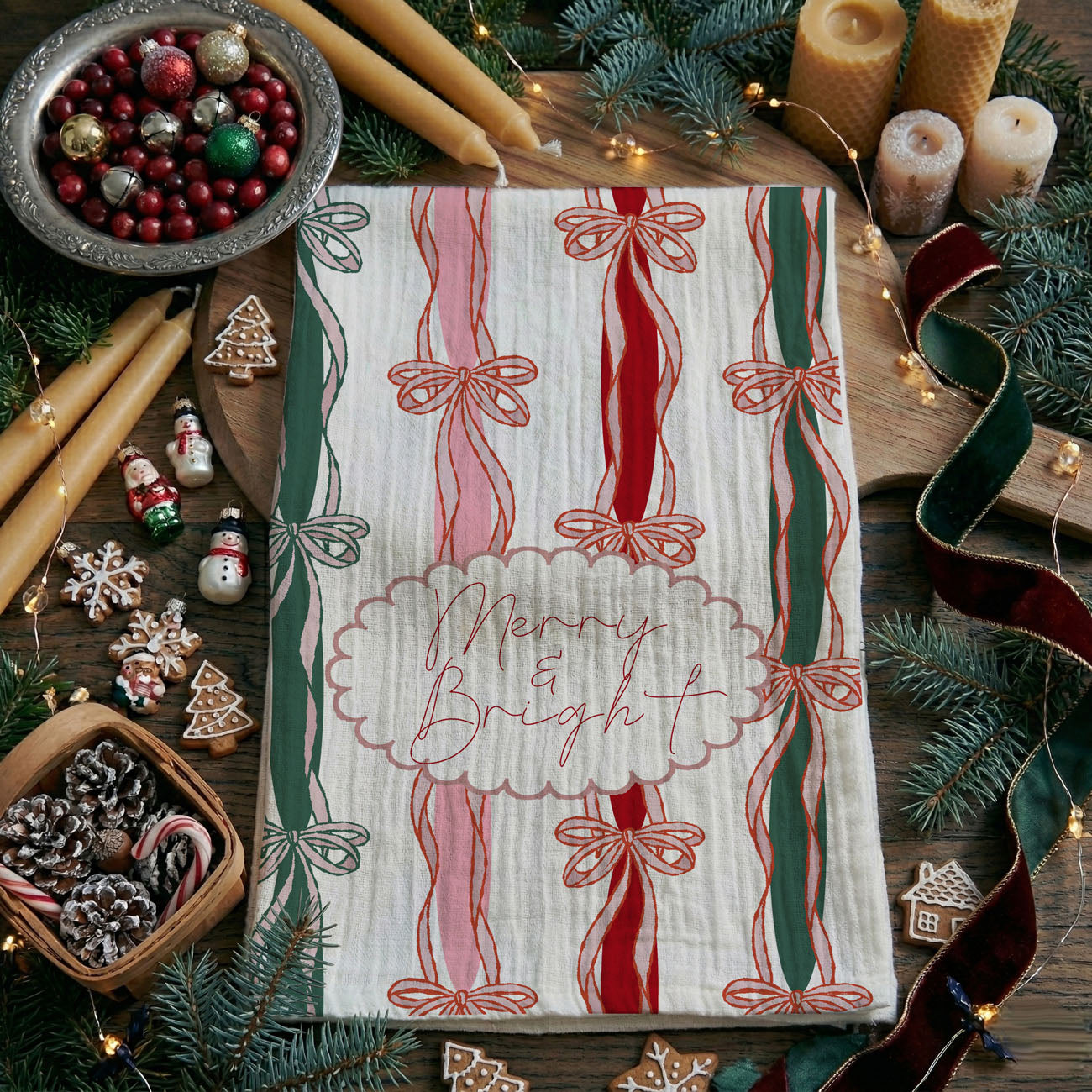 instagram style christmas kitchen towel bow aesthetic
pink bow christmas kitchen towel farmhouse holiday decor
merry and bright towel pink green christmas kitchen accessory
christmas dish towel with ribbon bows cute holiday gift idea
festive flour sack towel with bows for christmas kitchen
holiday kitchen towel pink ribbon stripes merry bright quote