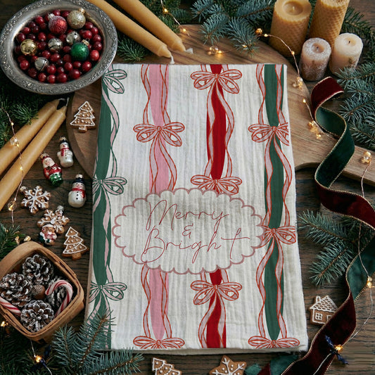 instagram style christmas kitchen towel bow aesthetic
pink bow christmas kitchen towel farmhouse holiday decor
merry and bright towel pink green christmas kitchen accessory
christmas dish towel with ribbon bows cute holiday gift idea
festive flour sack towel with bows for christmas kitchen
holiday kitchen towel pink ribbon stripes merry bright quote