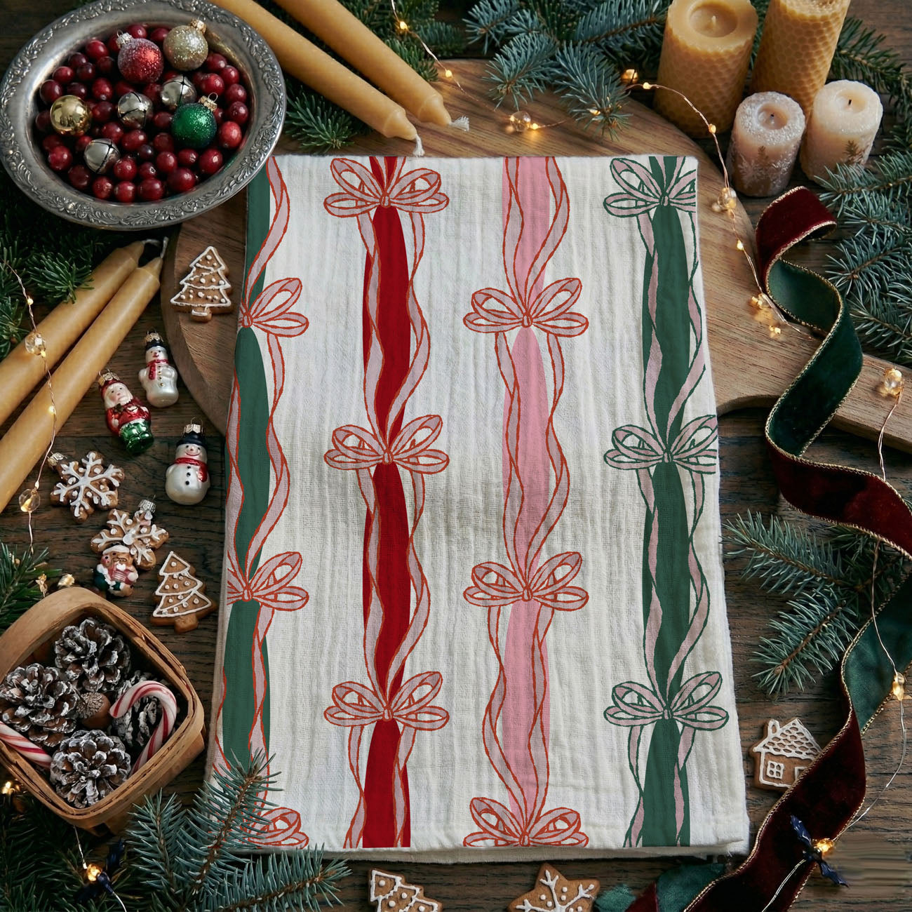 decorative christmas towel for baking and kitchen styling
christmas hand towel aesthetic pink bow decor kitchen
cute holiday towel for hostess gift christmas kitchen decor
pink and red christmas kitchen towel ribbon bow design
stylish christmas kitchen decor towel merry and bright