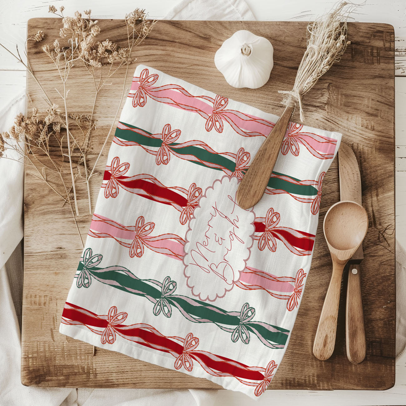festive pink christmas towel with merry bright wording
holiday towel with bow accents for cozy kitchen styling
christmas kitchen towel aesthetic with ribbon design
gift idea christmas towel with bow pattern for hostess
seasonal kitchen towel with festive ribbon bow design
