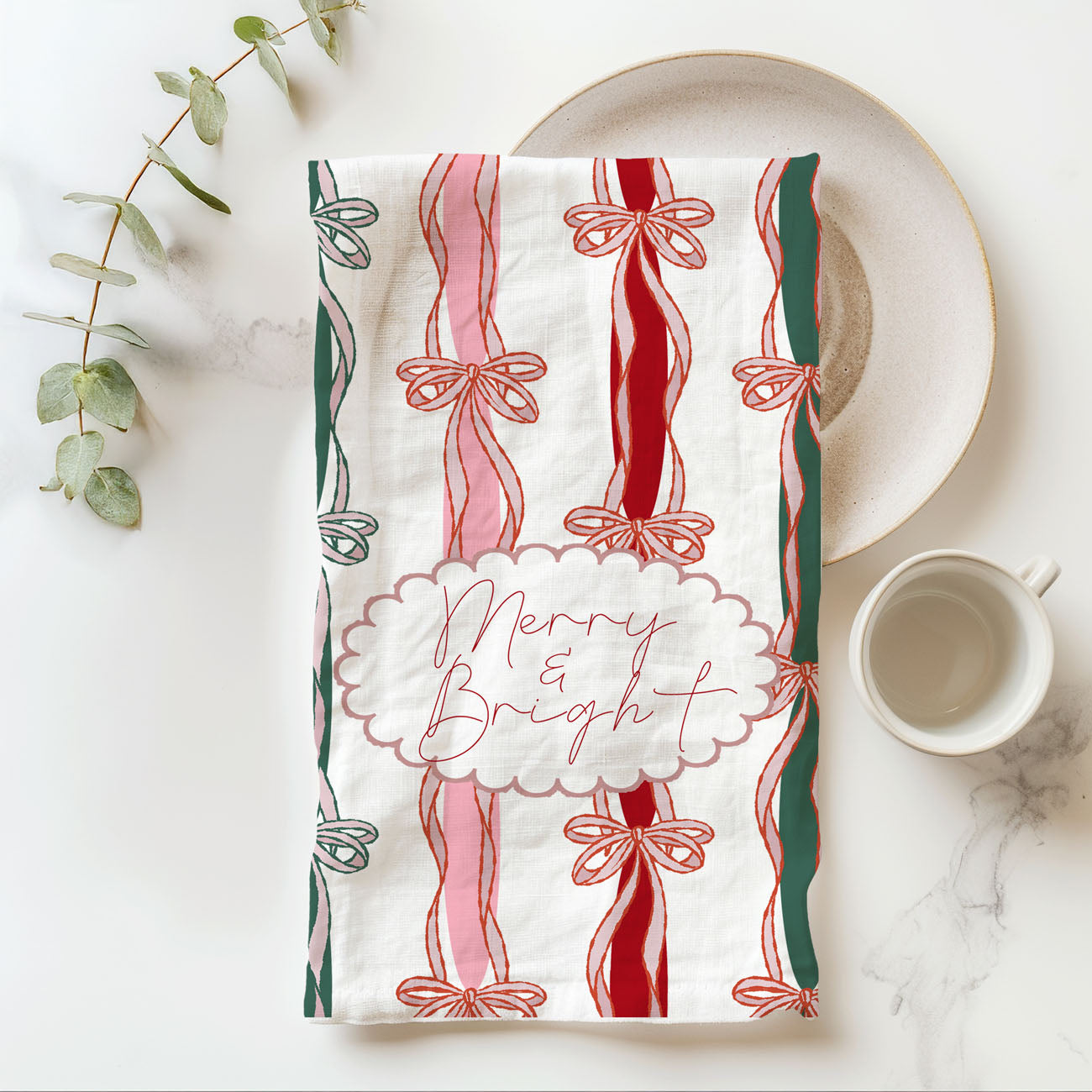 scalloped label christmas towel merry and bright script design
retro inspired christmas towel with ribbon stripe aesthetic
whimsical christmas kitchen towel bow and stripe pattern
storybook christmas decor towel festive ribbon detailing
cottage christmas kitchen towel bow stripe design aesthetic