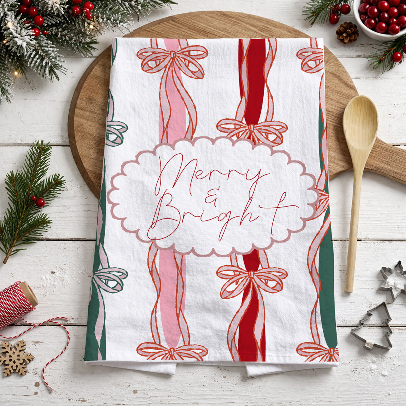 european style christmas kitchen linen ribbon pattern
vintage postcard style christmas towel bow stripe theme
holiday heirloom style kitchen towel festive ribbon design
classic christmas kitchen towel with decorative bow pattern
hand drawn ribbon christmas towel modern festive kitchen decor