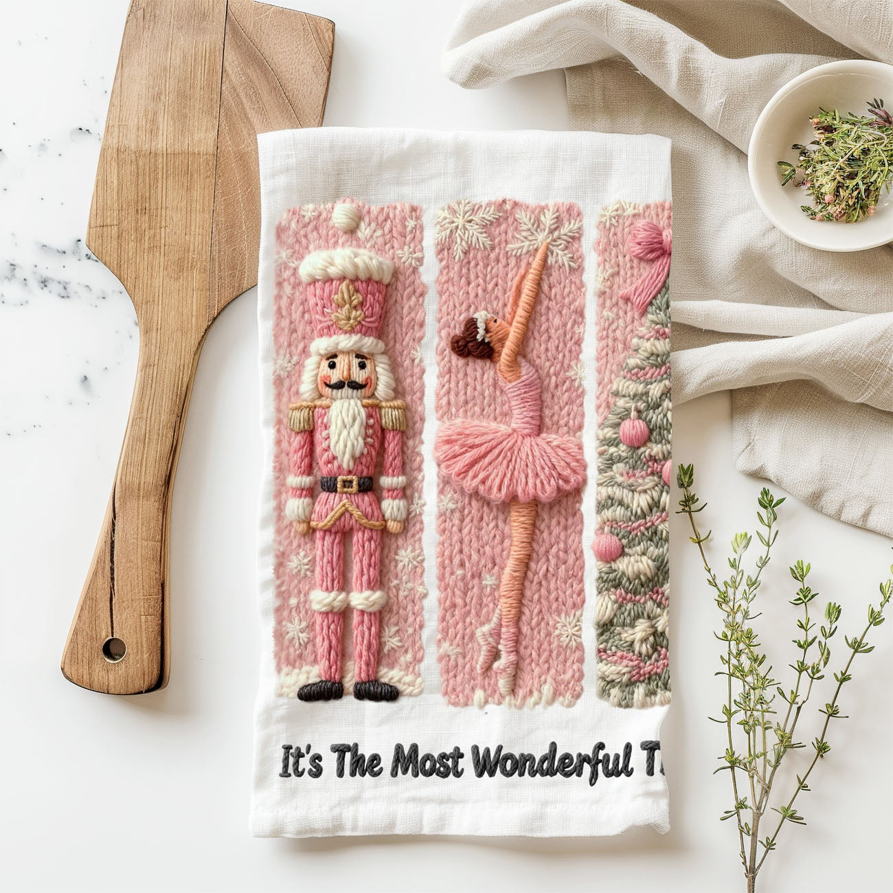 neutral and pink christmas kitchen towel cozy decor
soft blush christmas towel minimalist holiday kitchen
pink and cream christmas decor kitchen towel aesthetic
subtle pink holiday towel for neutral christmas homes