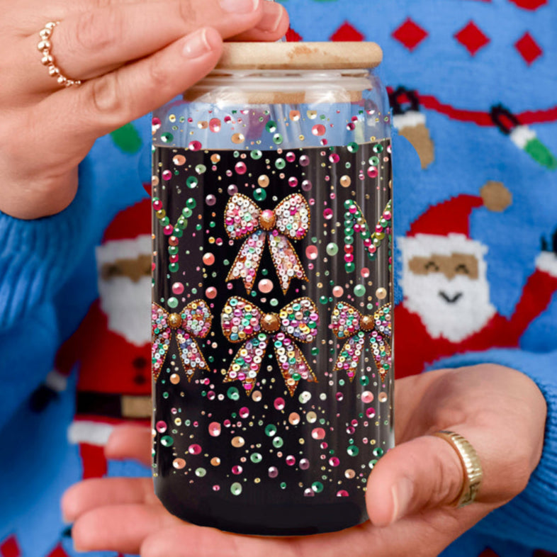 Reusable Christmas Merry coffee cup 17oz glass straw - Sequin coquette bow eco-friendly tumbler bamboo lid
Dishwasher safe Merry Christmas glass tumbler 17oz - Sequin coquette bow holiday drinkware bamboo lid straw