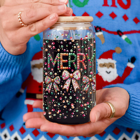 Colorful Christmas Merry glass tumbler 17oz - Rainbow sequin coquette bow holiday drinkware bamboo lid straw
BPA free Christmas Merry glass cup 17oz - Sequin coquette bow safe holiday drinkware bamboo lid straw