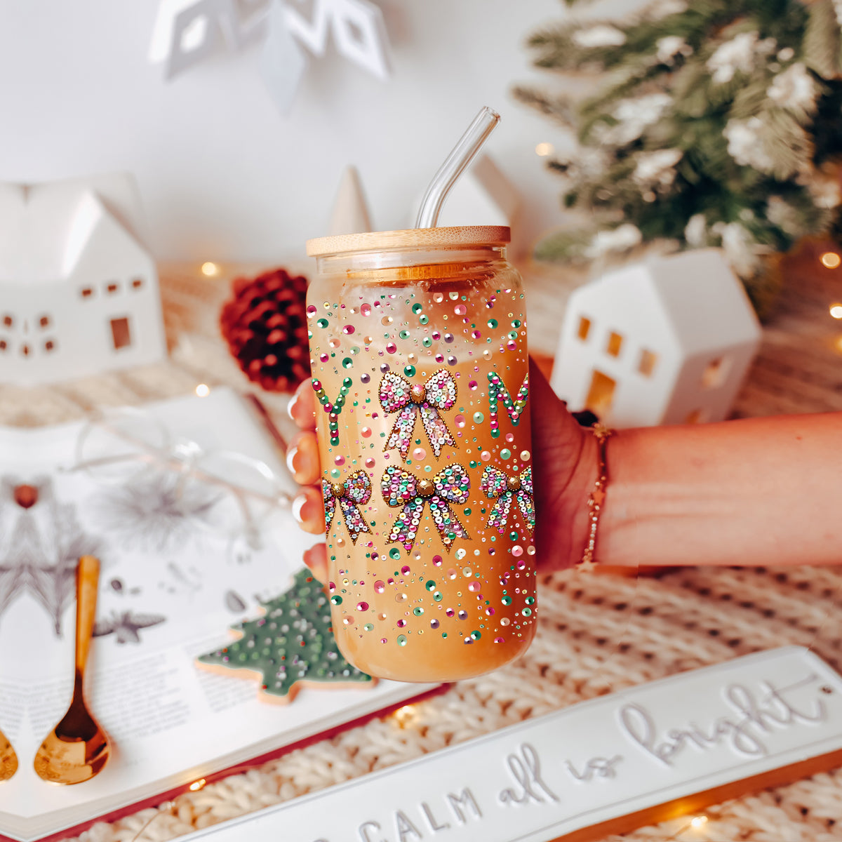 Coquette Christmas glass tumbler 17oz bamboo lid - Merry sequin glitter holiday coffee cup glass straw - Girly bow drinkware
