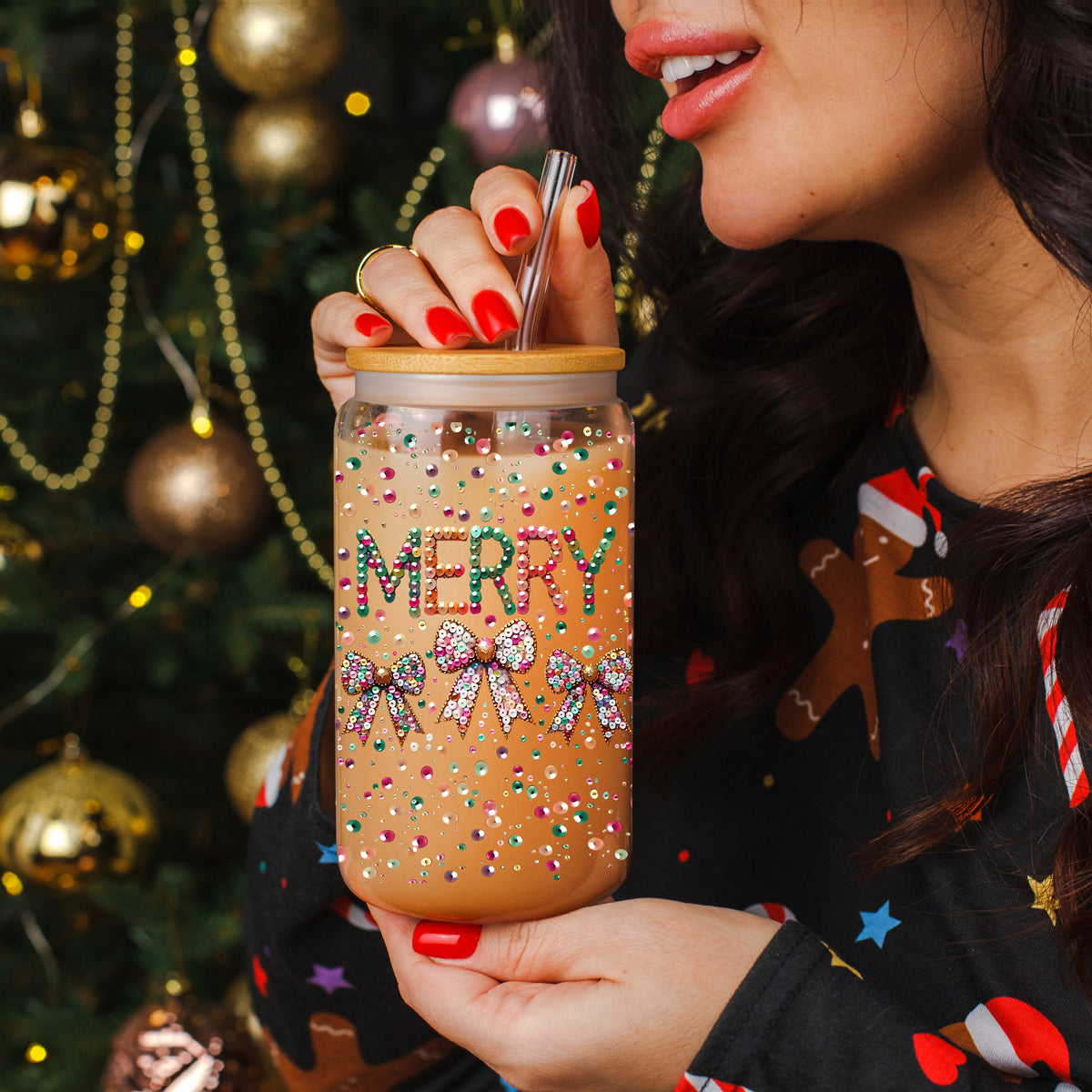 Reusable glitter Christmas cup - Merry glass tumbler with sequins
Holiday iced coffee tumbler - glitter Merry sequin glass cup with bamboo lid