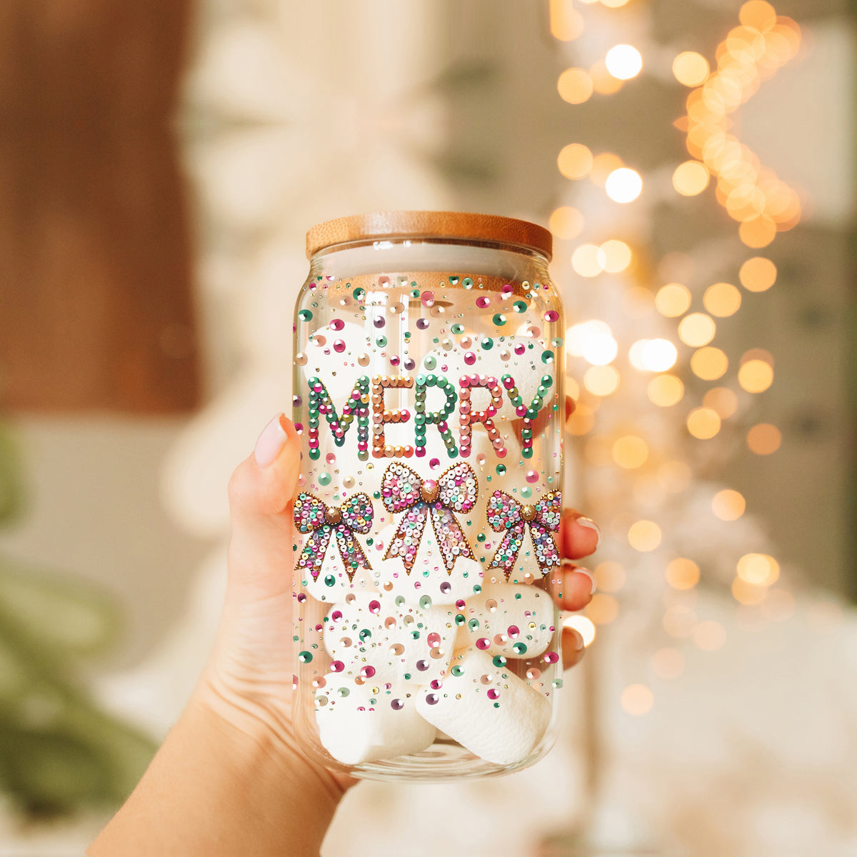 Christmas drinkware gift - colorful glitter tumbler with bamboo lid
Christmas glam tumbler - glass cup with sequin bows and Merry message