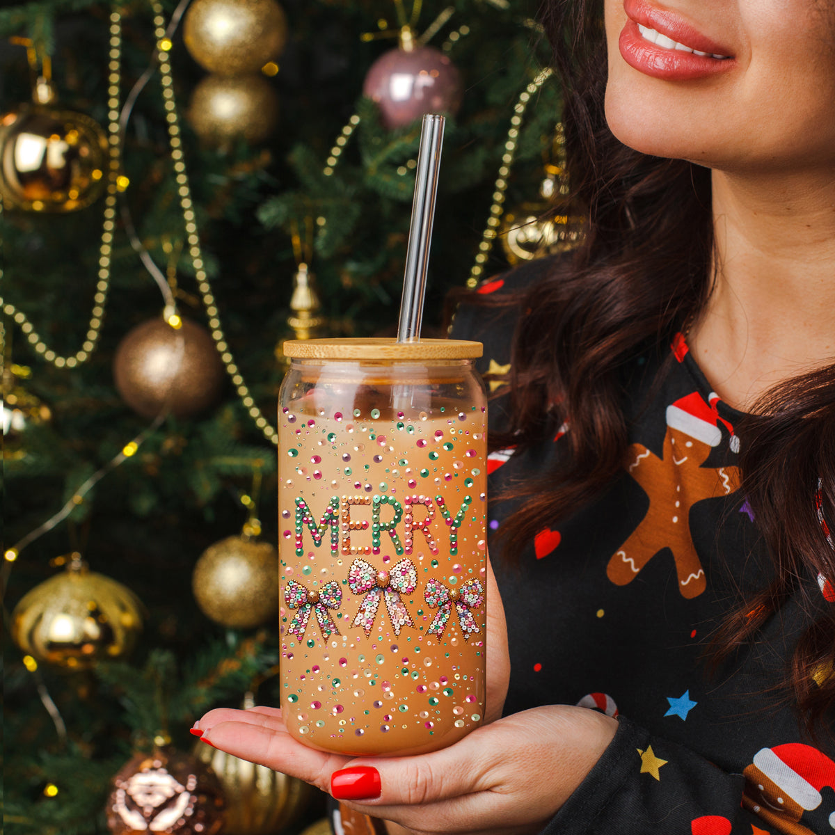 Festive reusable holiday tumbler - glitter and sequin Merry glass cup
Unique Christmas tumbler gift - colorful sequin bow glass with lid and straw