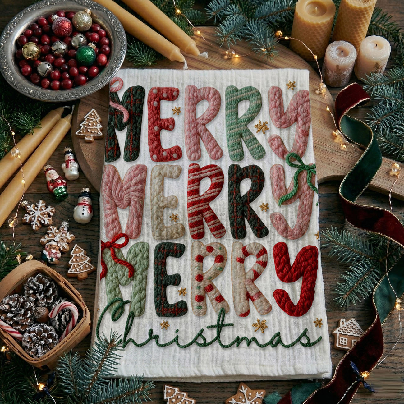 cute pink holiday dish towel christmas kitchen decor
pink and green christmas kitchen towel aesthetic
cozy christmas kitchen towel knit style lettering
holiday kitchen towel pink nutcracker design