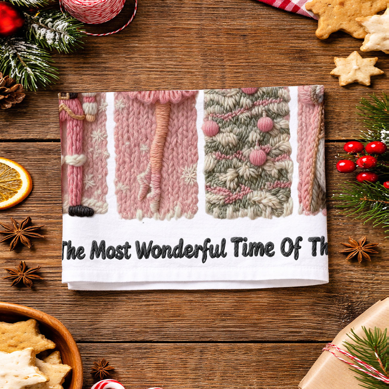 Add a soft, stylish touch to your holiday kitchen with this pink nutcracker Christmas kitchen towel. Featuring cozy knit-style “Merry Christmas” lettering and festive ballet-inspired designs, this decorative dish towel is perfect for holiday decor, hostess gifts, and seasonal kitchen styling.