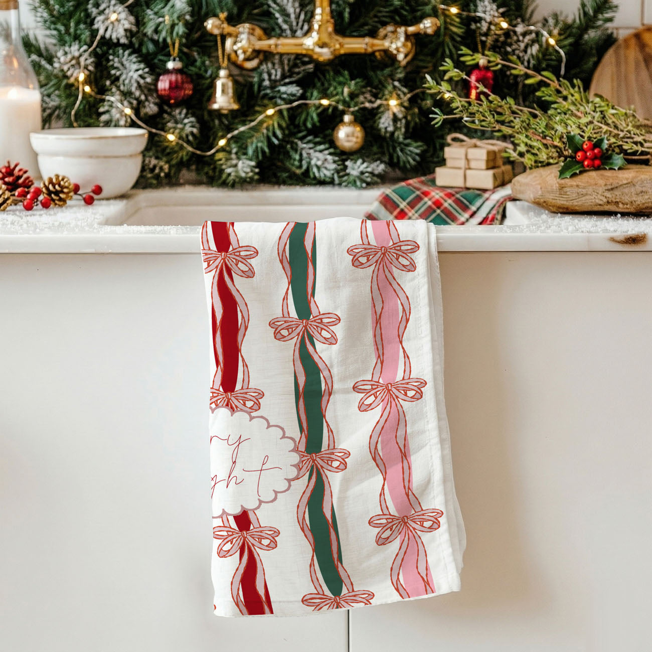 minimal holiday towel with festive ribbon detail aesthetic
feminine christmas kitchen decor towel bow themed design
stylish christmas towel for aesthetic kitchen decor setup
clean aesthetic holiday kitchen towel with bow pattern
soft neutral christmas towel with festive ribbon accents