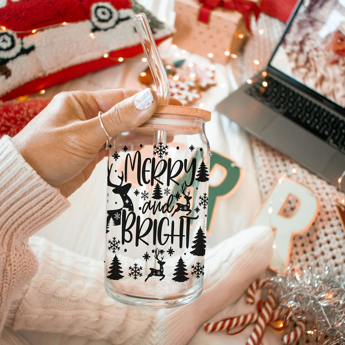 merry & bright mug
merry and bright wine glass
merry and bright decor