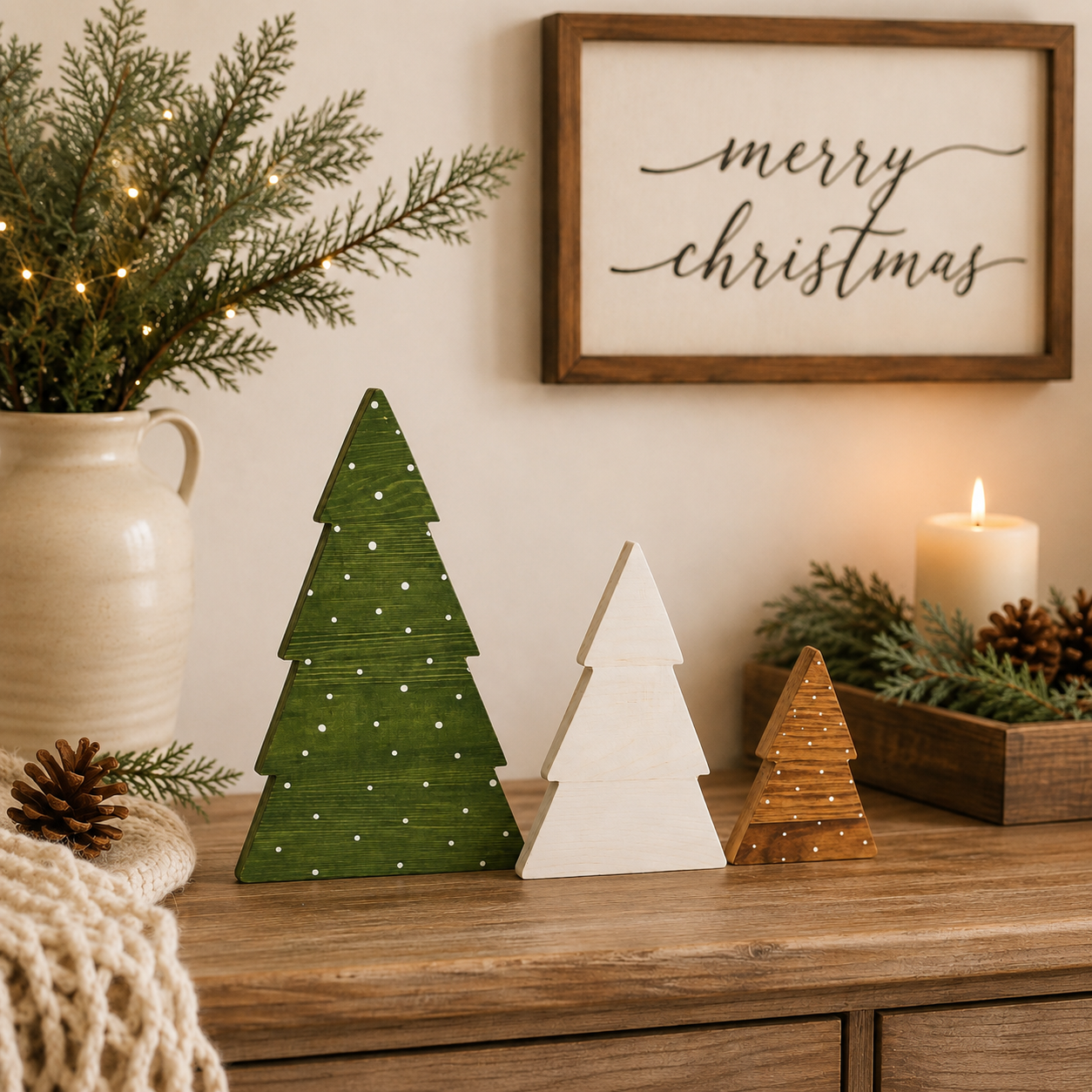 Christmas mantel décor with freestanding wooden trees
Holiday tabletop display with boxwood Christmas tree figurines
Wooden Christmas trees styled beside evergreen branches and pinecones
Festive wooden trees displayed in front of a Christmas fireplace
Boxwood tree decorations surrounded by warm holiday lights
Christmas centerpiece featuring three rustic wooden trees
Wooden holiday trees for a farmhouse Christmas display