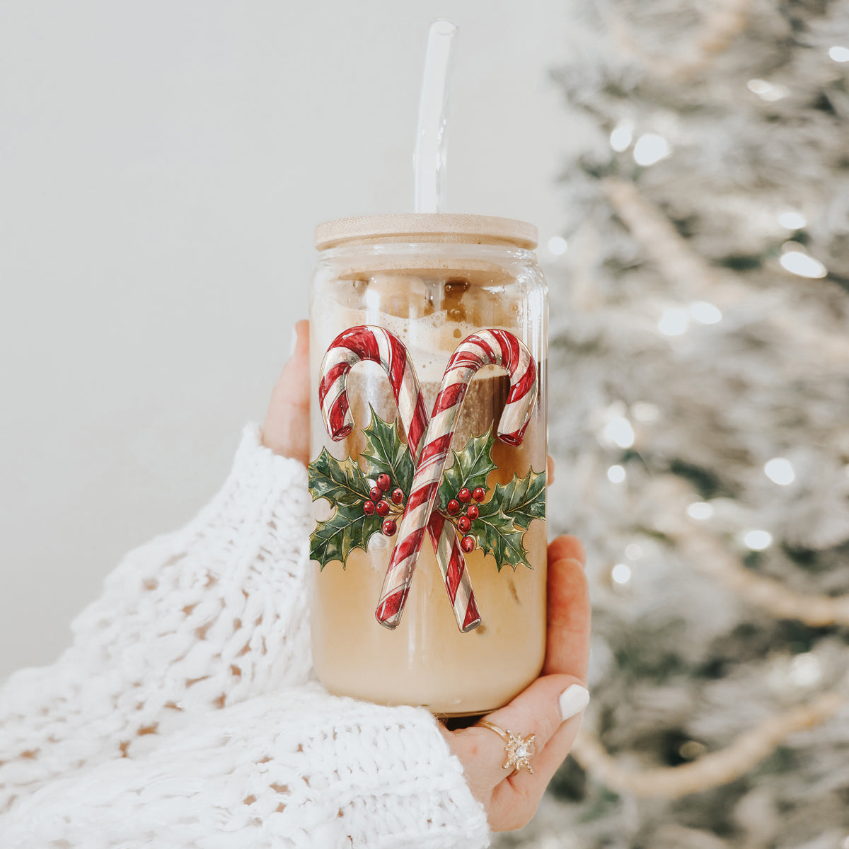 Holiday drink cup - Christmas tumbler with candy cane and holly print
Christmas stocking stuffer - reusable candy cane tumbler with bamboo lid