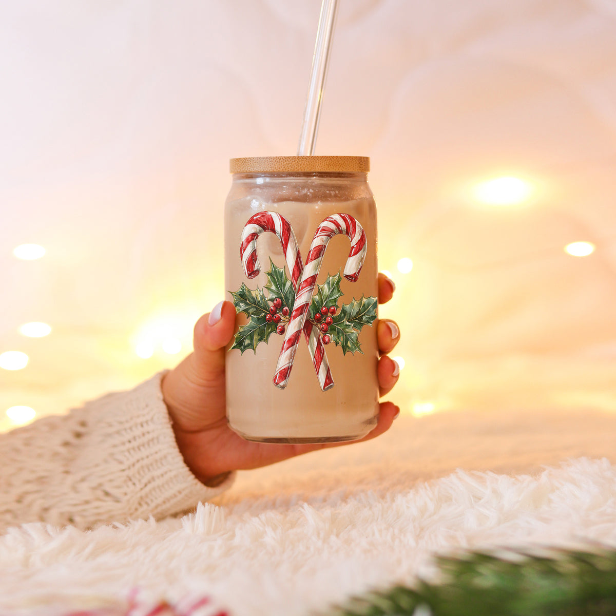 Christmas kitchen decor glass cup 17oz - Candy cane holly holiday tumbler with straw - Traditional festive drinkware