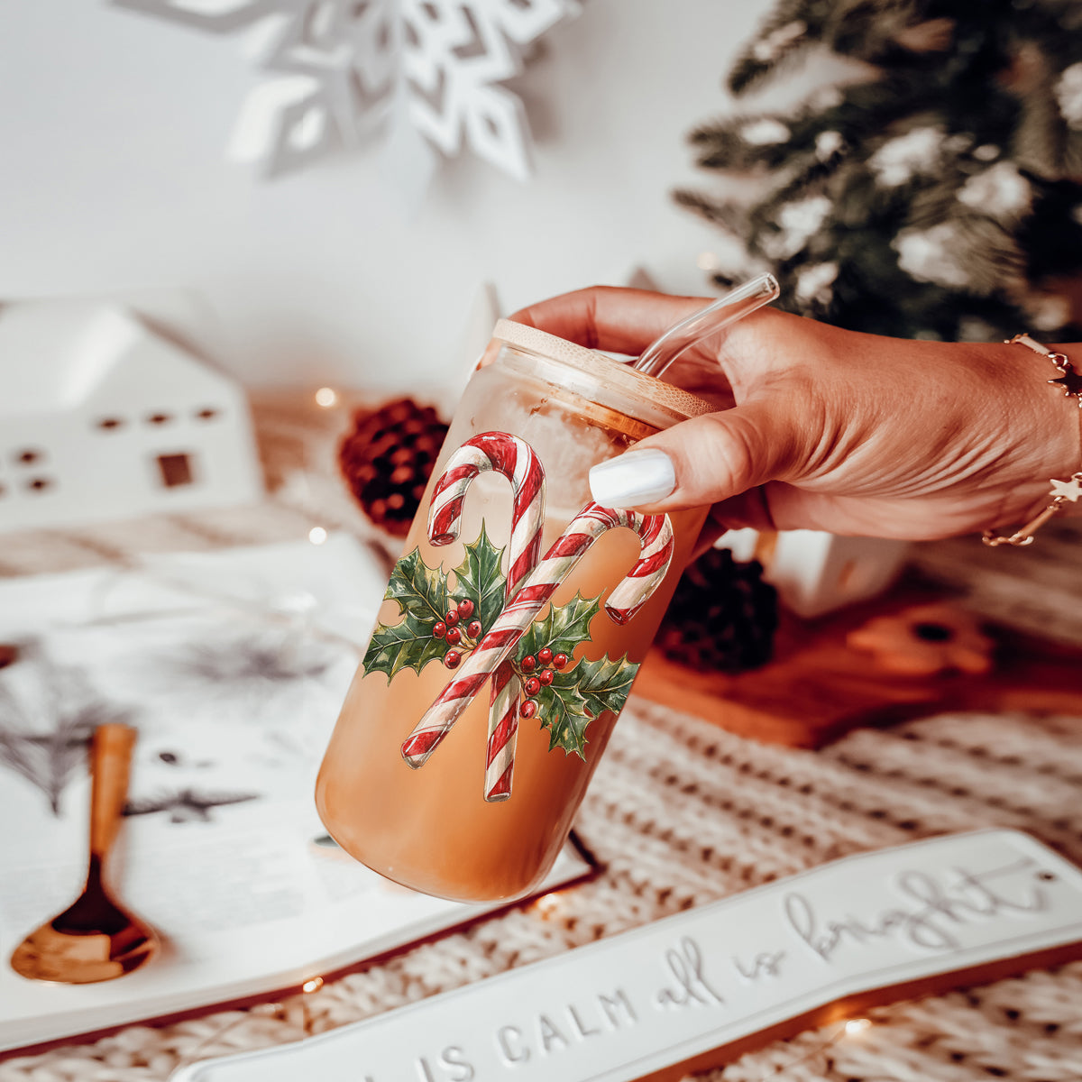 Holiday drinkware glass cup 17oz - Christmas candy cane holly tumbler bamboo lid - Festive coffee gift with straw