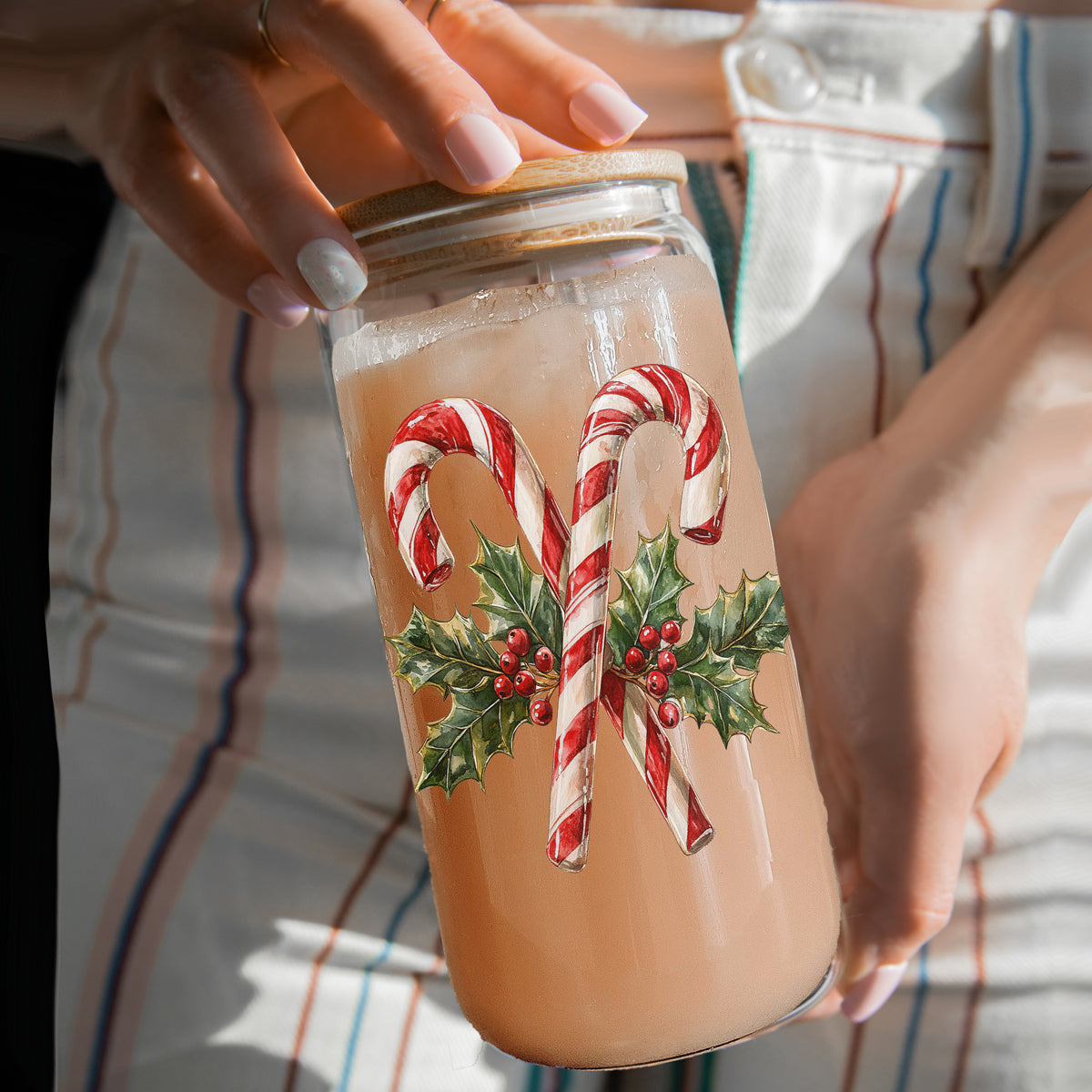 Christmas coffee gifts glass tumbler 17oz - Candy cane holly holiday drinkware bamboo lid - Traditional kitchen accessories