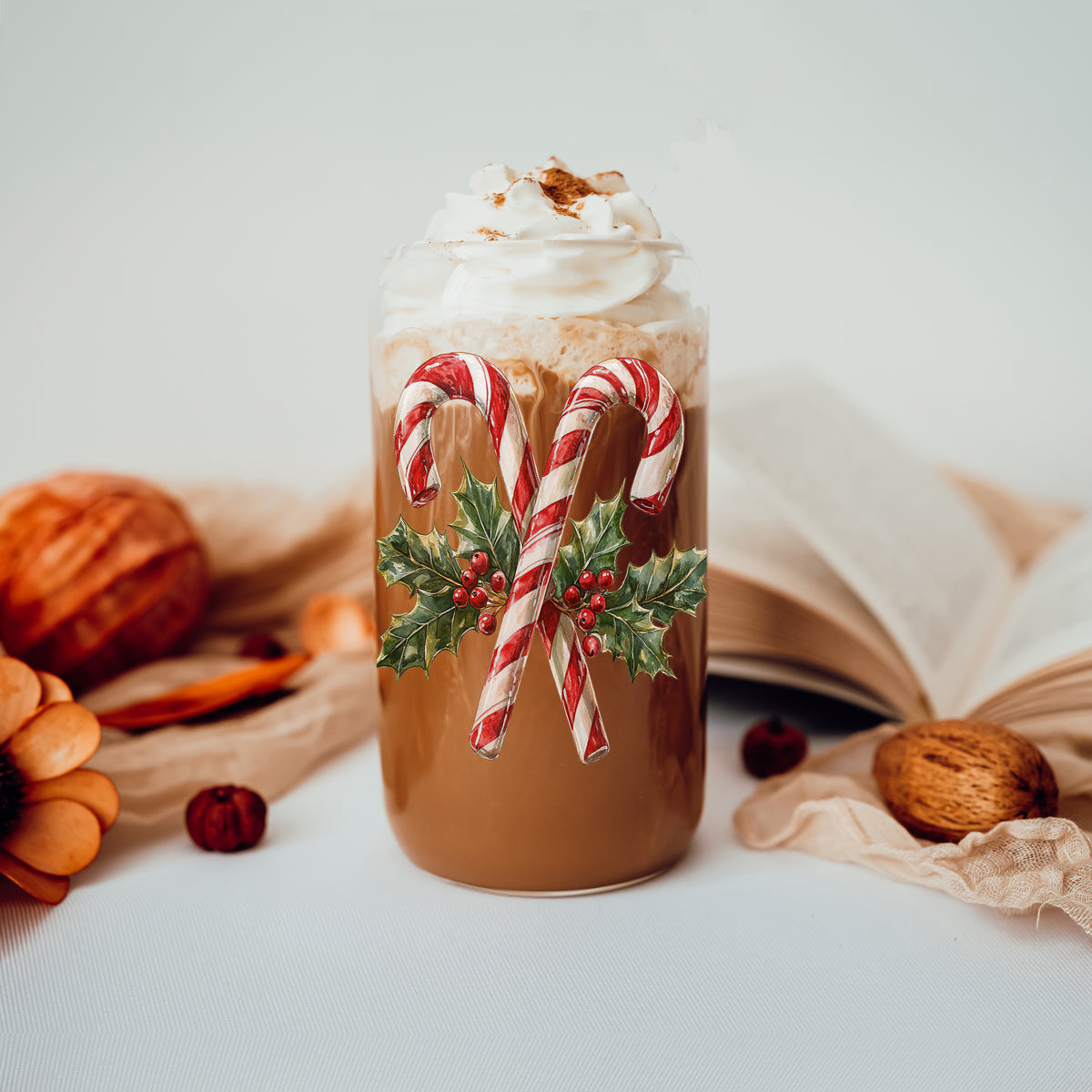 Traditional Christmas glass tumbler 17oz bamboo lid - Candy cane holly holiday coffee cup glass straw - Classic drinkware