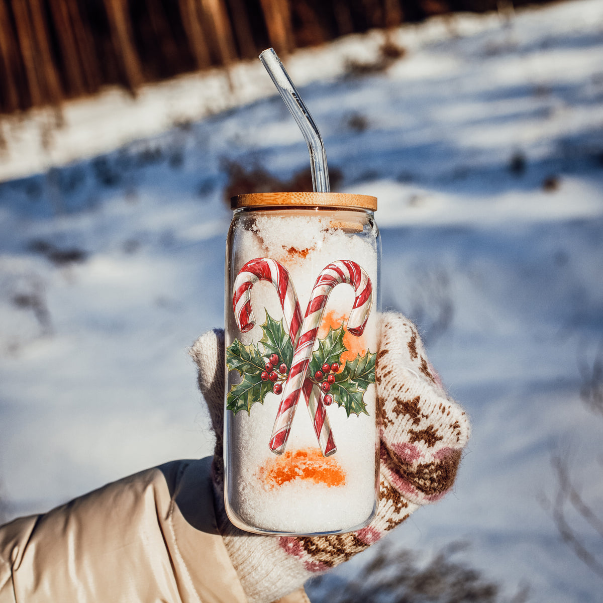 17oz classic holiday glass tumbler eco-friendly - Christmas candy cane holly coffee cup bamboo lid - Traditional kitchen decor