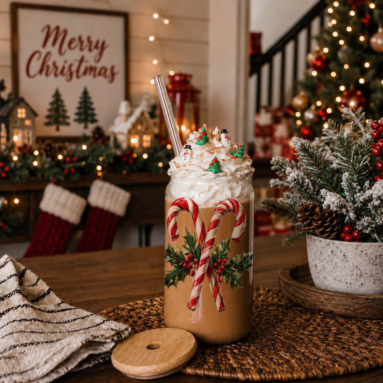 sparkly Christmas wreath drinkware gift
Christmas nostalgia drinkware glass tumbler 17oz - Candy cane holly bamboo lid - Holiday traditional coffee cup
Holiday kitchen gift – festive glass cup with Christmas wreath and candy canes
Classic holiday tumbler - glass Christmas cup with candy cane and holly leaves