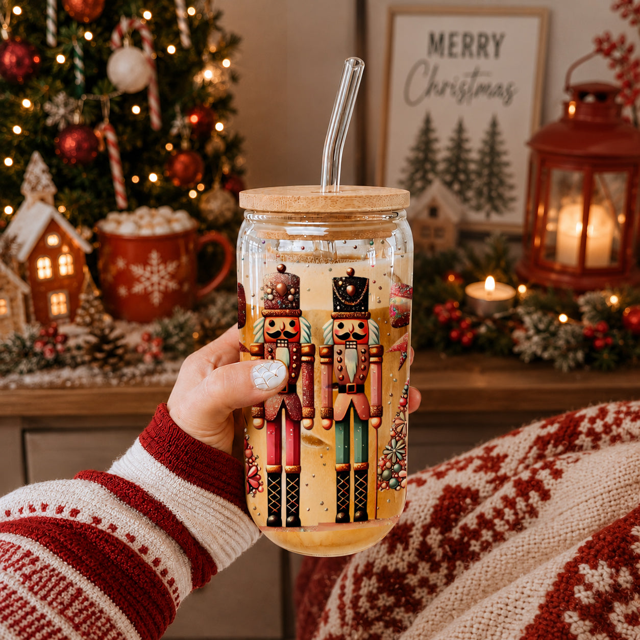 Bulk Sparkly Christmas coffee mug – glass cup with pink, teal, gold accents and glitter
Festive holiday coffee cup – boho Nutcracker soldiers with Christmas tree wrap
Holiday drinkware glass cup 17oz - Christmas nutcracker soldiers boho tumbler bamboo lid - Festive floral coffee gift with straw
