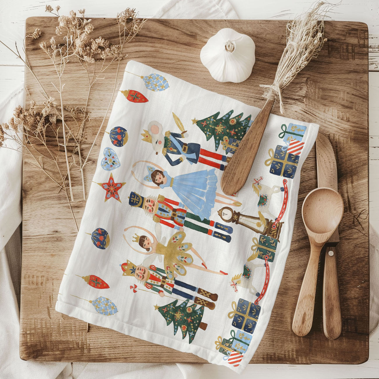 traditional farmhouse christmas kitchen accessory towel
cottage christmas decor kitchen towel elegant style
holiday kitchen styling towel vintage nutcracker theme
classic holiday home decor kitchen towel