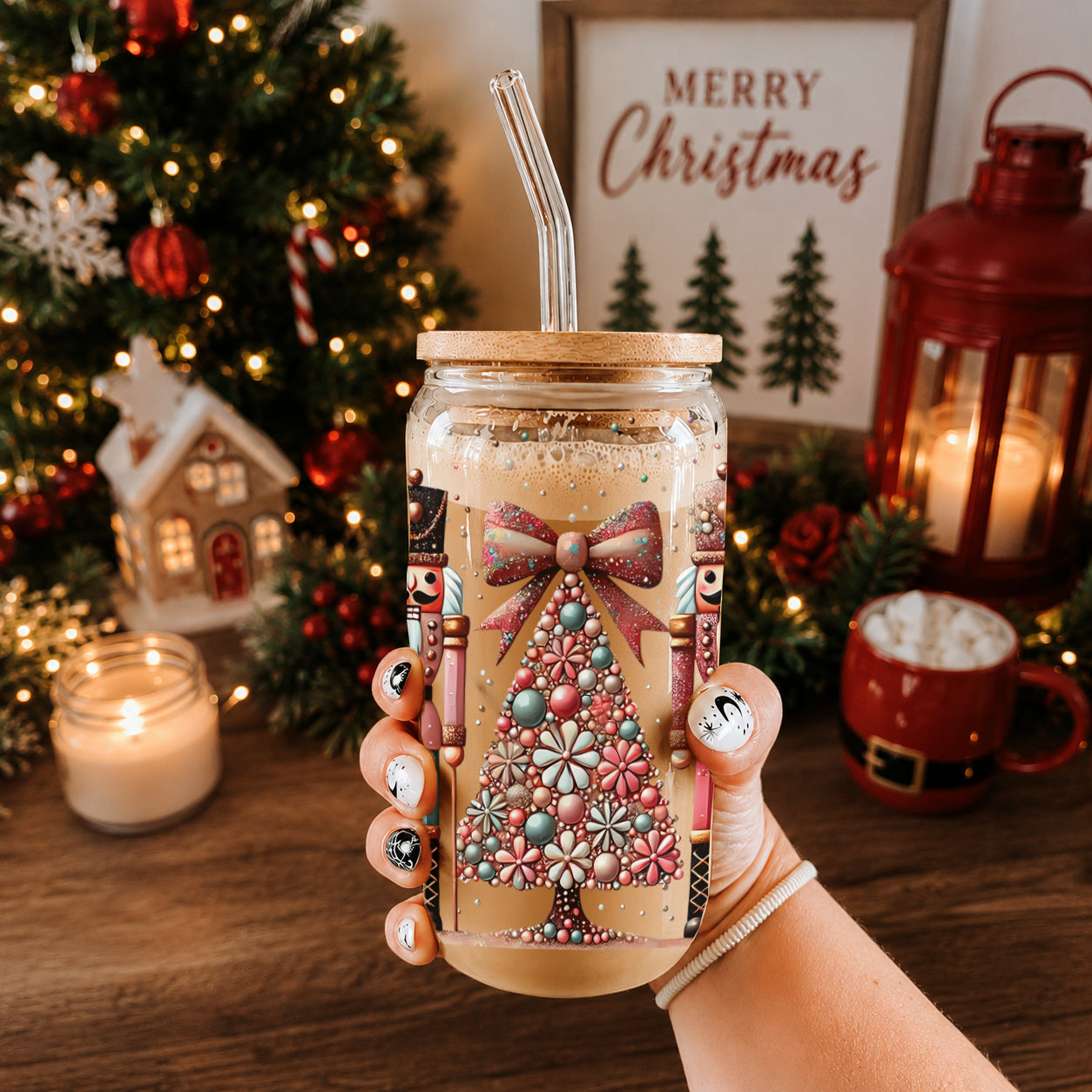 Coffee bar essential – boho Nutcracker Christmas glass cup with tree and glitter
Festive drinkware gift – pink, teal, gold Christmas glass tumbler with Nutcracker soldiers
Christmas morning coffee cup – glass tumbler with boho floral Nutcracker and tree
