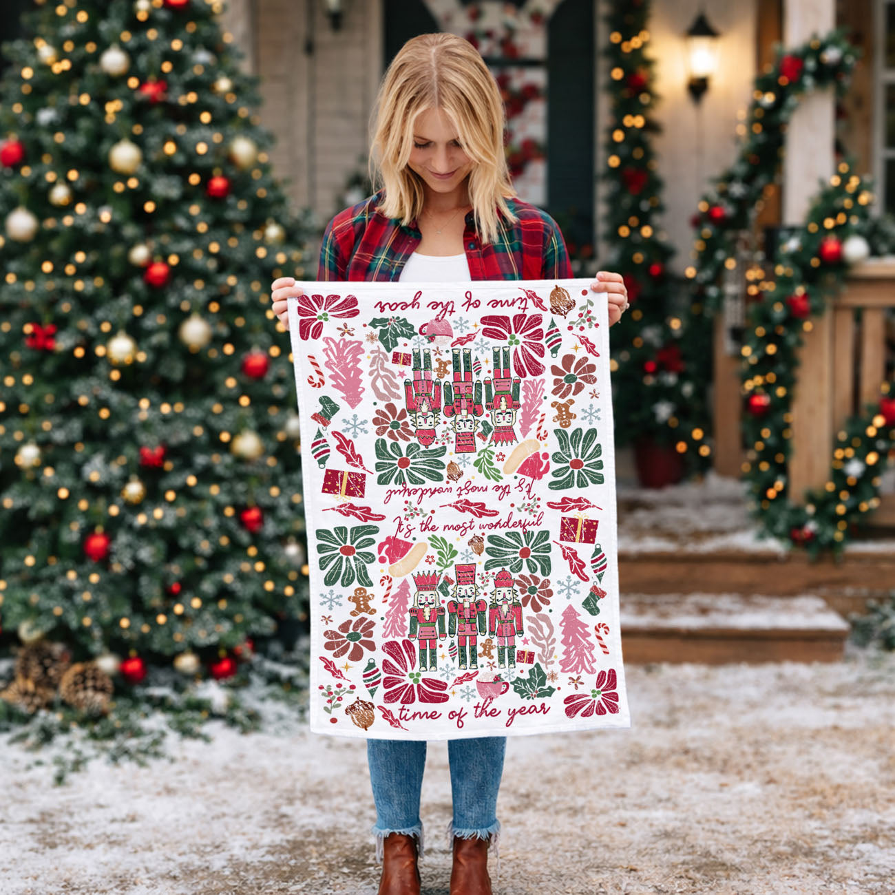 pink flower christmas towel nutcracker design
patterned christmas kitchen towel pink and green
decorative floral christmas dish towel aesthetic
christmas towel with soft floral and nutcracker art
holiday kitchen towel floral vintage inspired design