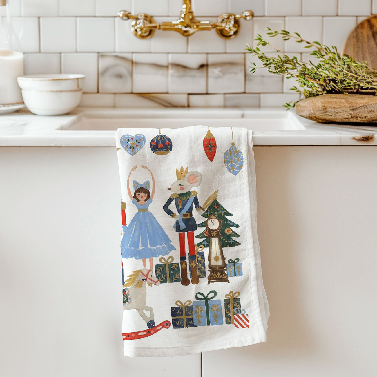 traditional holiday nutcracker kitchen accessory
festive kitchen towel with toy soldier and ballerina
nutcracker christmas theme tea towel home decor
classic holiday characters kitchen towel christmas style