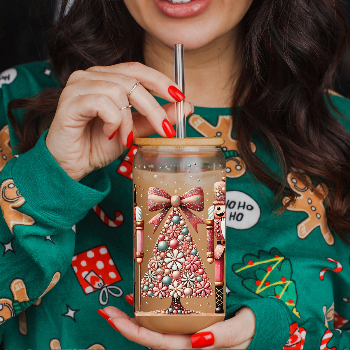 Wholesale Bulk Eco-friendly Christmas tumbler - glitter sequin holiday glass with lid and straw
Boho Christmas tumbler - pastel pink and teal Nutcracker glass with glitter accents
Festive glass tumbler - Nutcracker holiday soldiers with floral Christmas tree