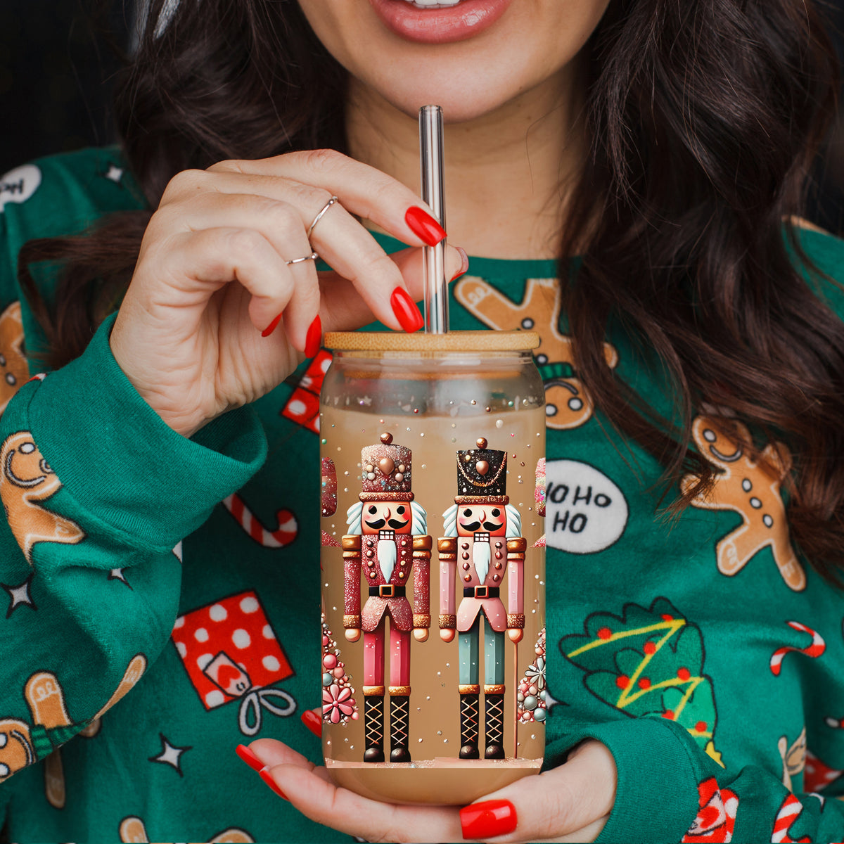 Trendy Christmas gifts nutcracker boho glass tumbler 17oz - Holiday floral pink teal drinkware bamboo lid
Christmas party tumbler - sequin glass cup with colorful bows and bamboo lid