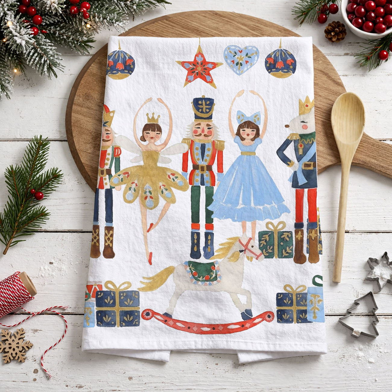 traditional farmhouse christmas kitchen accessory towel
cottage christmas decor kitchen towel elegant style
holiday kitchen styling towel vintage nutcracker theme
classic holiday home decor kitchen towel